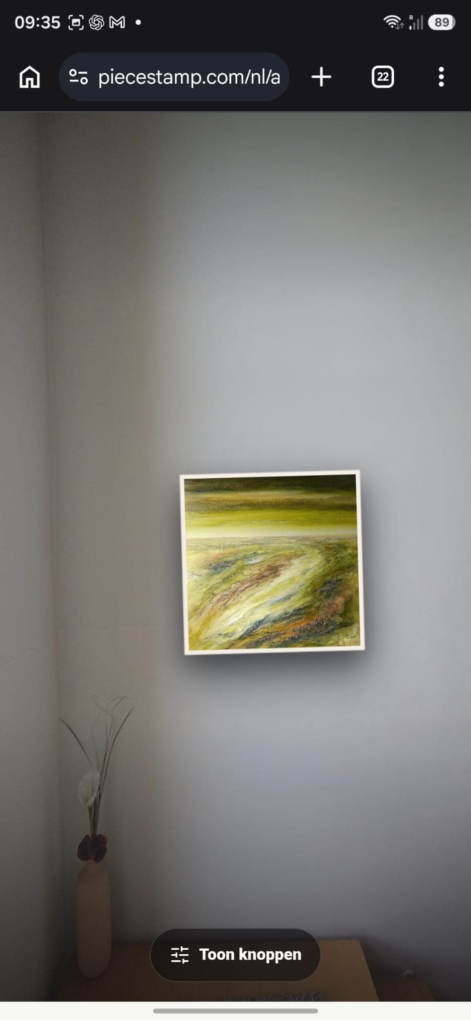 Try-at-Home preview of a painting on a wall, shown on a phone