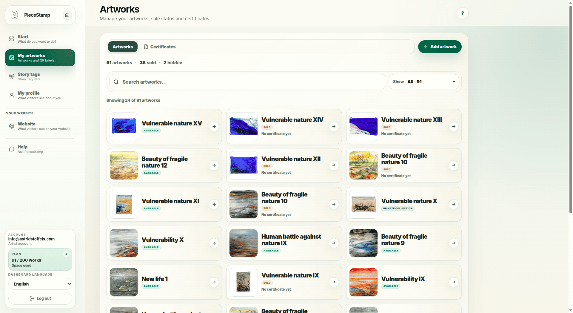 Artworks list in the PieceStamp dashboard showing 91 artworks