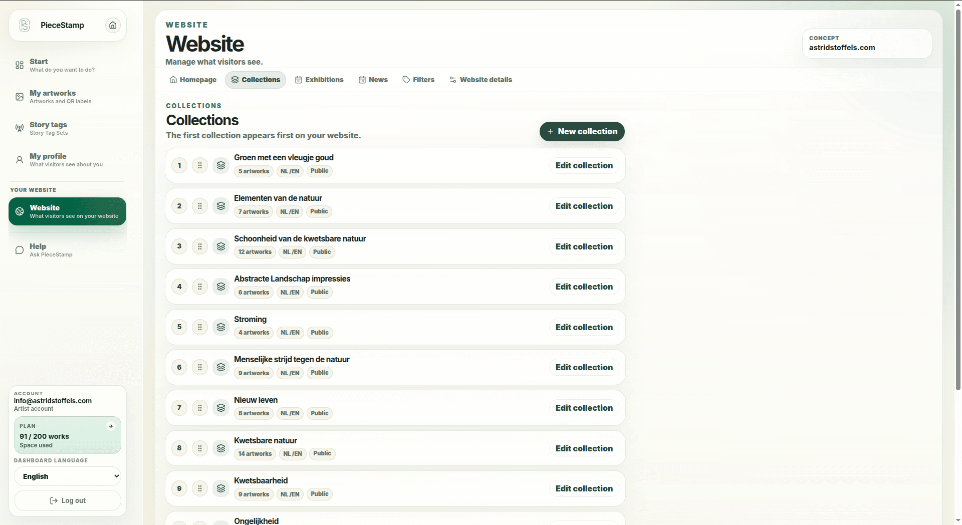 Managing website collections in the PieceStamp dashboard