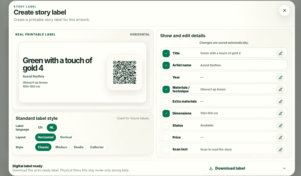 Creating a printable QR story tag in the PieceStamp dashboard