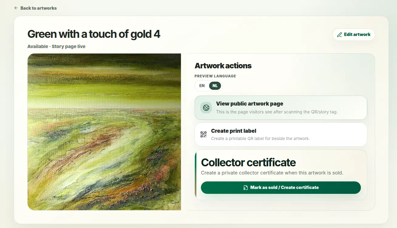 The artwork Green with a touch of gold 4 managed in the PieceStamp dashboard