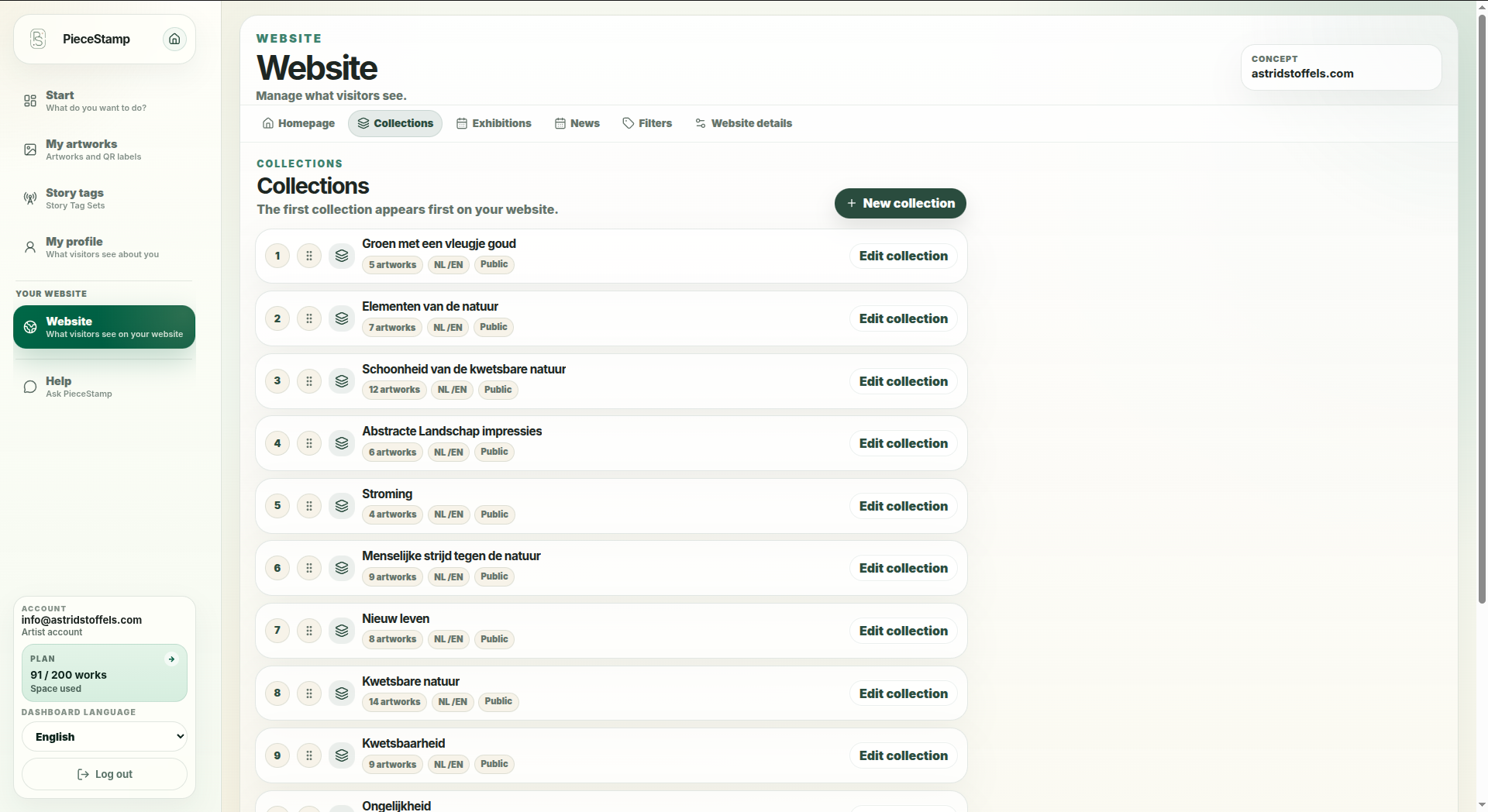 Websitecollecties beheren in het PieceStamp dashboard
