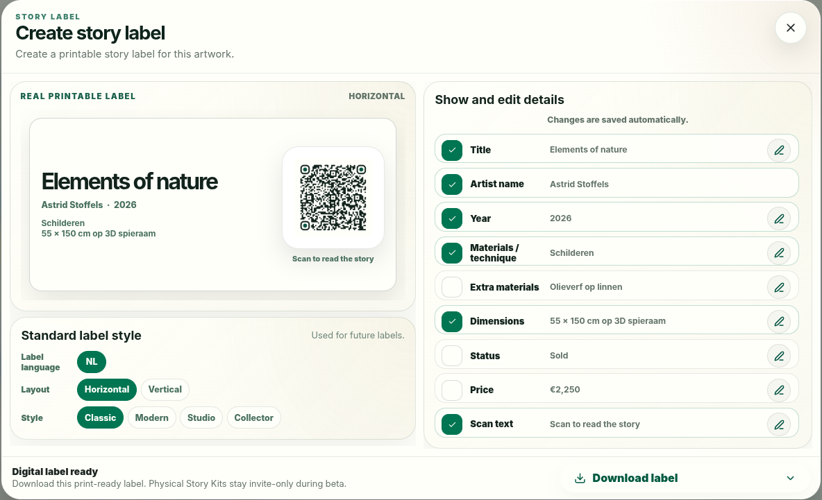 Een printbare QR story tag maken in het PieceStamp dashboard