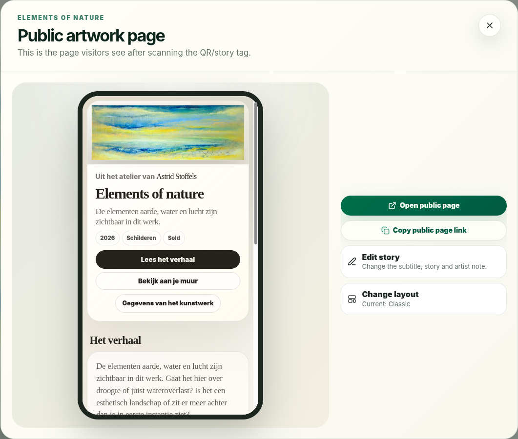 Preview van de publieke kunstwerkpagina, geopend vanuit het PieceStamp dashboard
