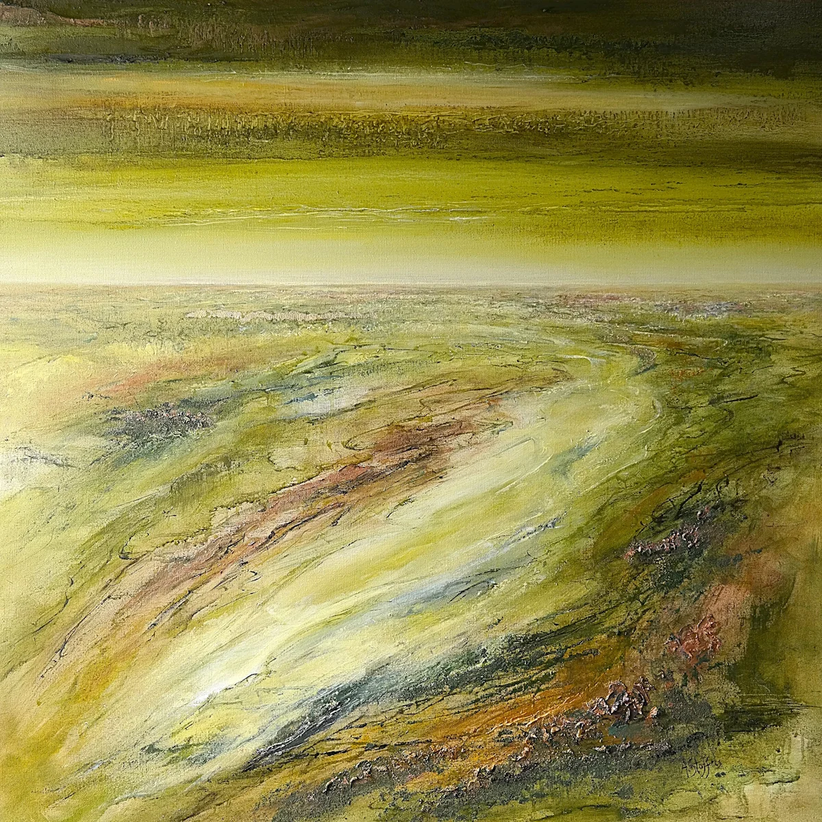 Abstract green and gold artwork by Astrid Stoffels used as an exhibition label example